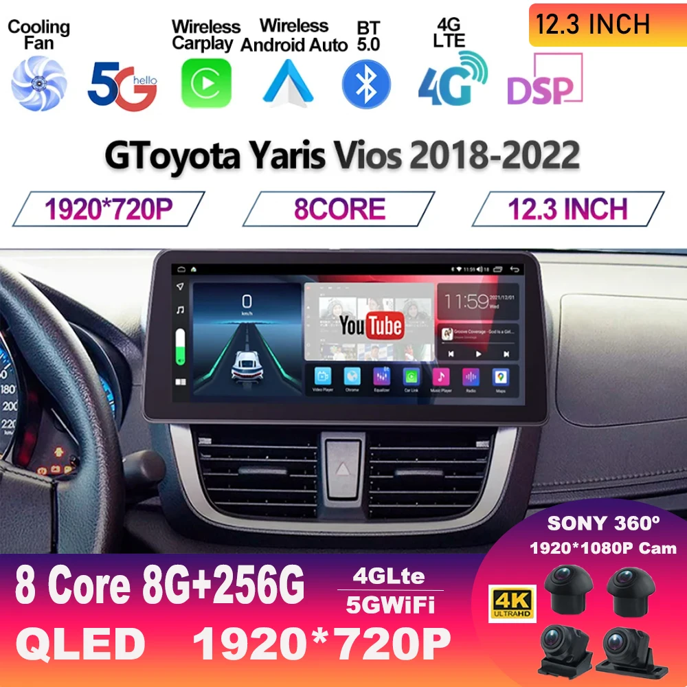 

Автомобильный радиоприемник 12,3 дюймов Android 13 для Toyota Yaris Vios 2018 - 2022 2Din стерео Мультимедийный плеер GPS навигация Carplay Авто WIFI