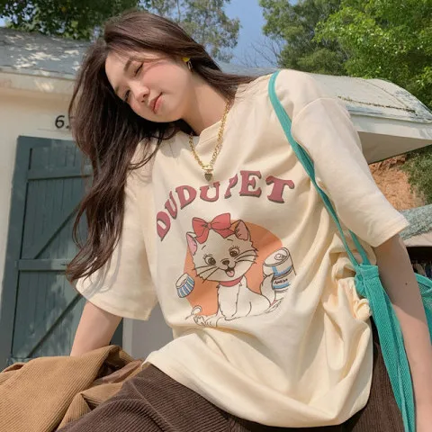American 2024 summer Korean version loose cartoon cute cat print short-sleeved T-shirt women casual round neck mid-length top
American 2024 summer Korean version loose cartoon cute cat print short-sleeved T-shirt women casual round neck mid-length top