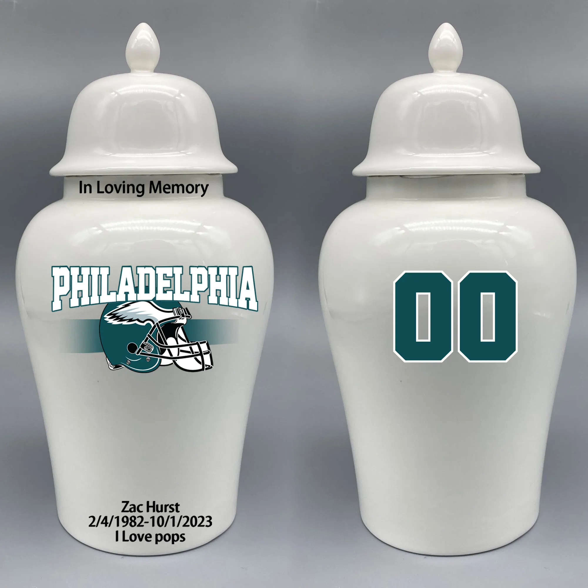 Large Urn for Philadelphia Eagles-themed Logo Urn.Please send me the customize information-name/date and number on the urn
Large Urn for Philadelphia Eagles-themed Logo Urn.Please send me the customize information-name/date and number on the urn