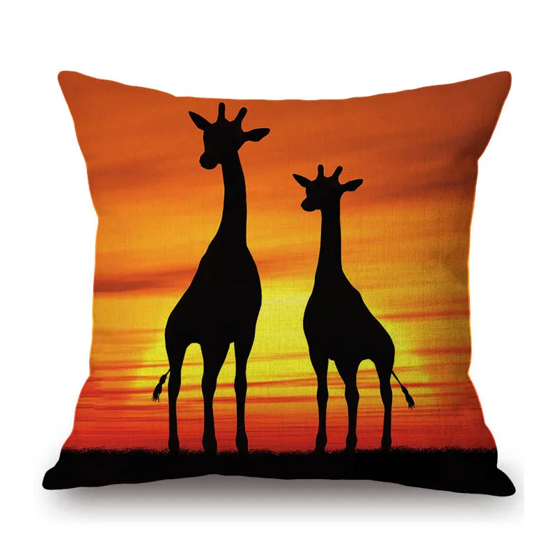 

Beautiful Africa Sunset Scenery Animals Baby Giraffe Elephant Shadow Sofa Throw Pillow Case Orange Cotton Linen Cushion Cover
