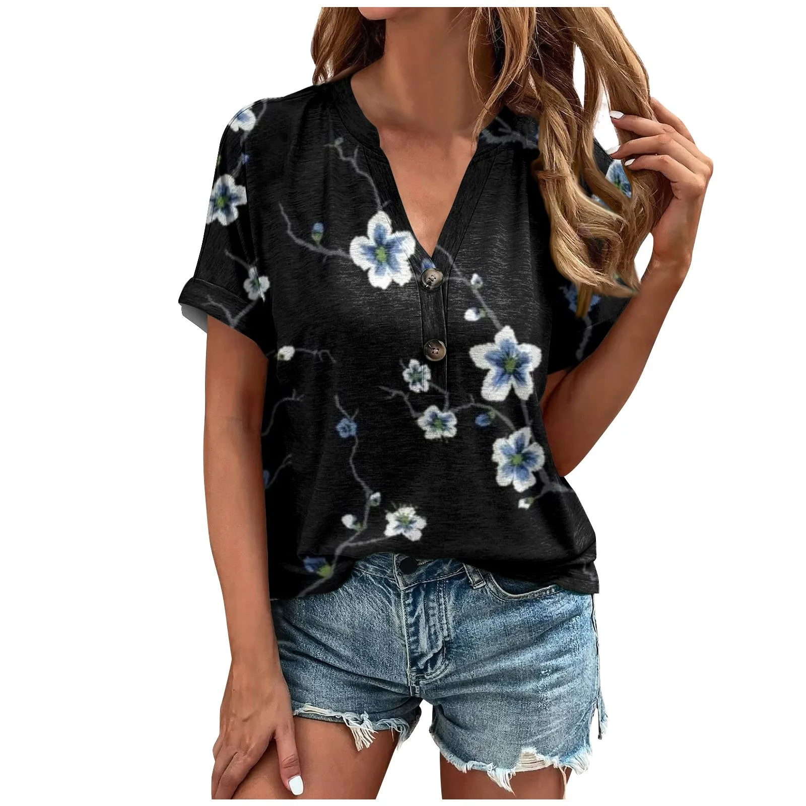 

Women'S Blouse Delicate Casual Plant Print Women Pullover Korean V-Neck Button Short Sleeves Summer Women Pullover Cotton Одежда