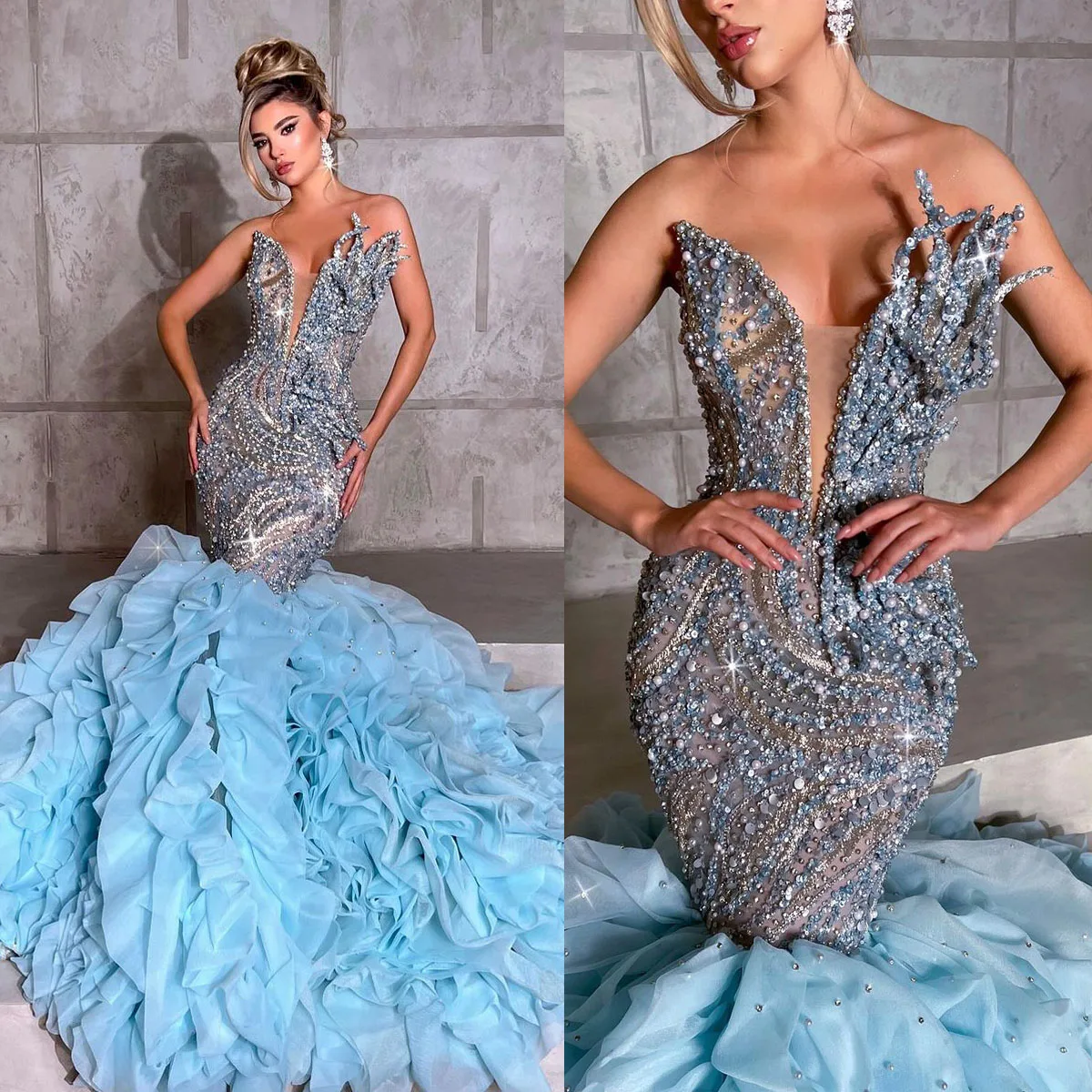 

Gorgeous Beading Mermaid Prom Dress Strapless V Neck Evening Gowns Luxury Pearls Sequined Lace Tiered Ruffle Train Party Dresses