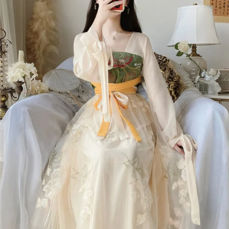 

National Style Han Elements Sweet Super Fairy Mesh Collar Embroidered Girl Improved Hanfu Dress