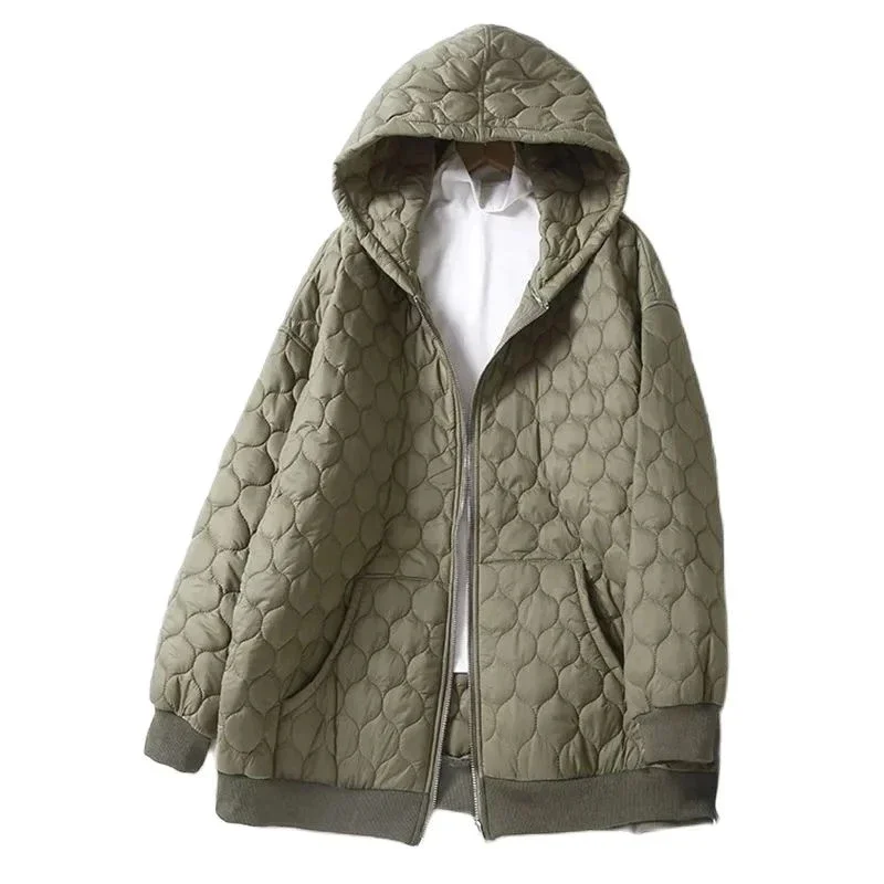

2023 Autumn Winter New Cotton Coat Women Loose Casual Hooded Zipper Light Thin Rhombus Down Cotton Keep Warm Jacket Outerwear