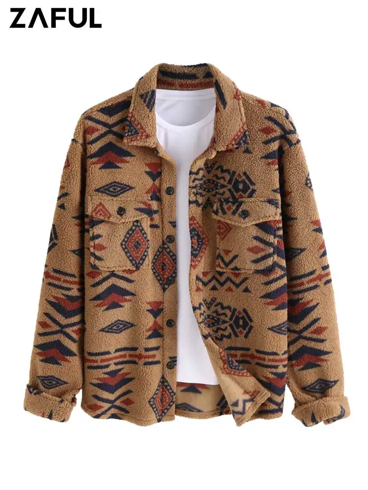 

ZAFUL Polar Fleece Fluffy Men's Jacket Ethnic Aztec Geometric Printed Jackets Winter High Stretch Streetwear Outerwear Z5075191