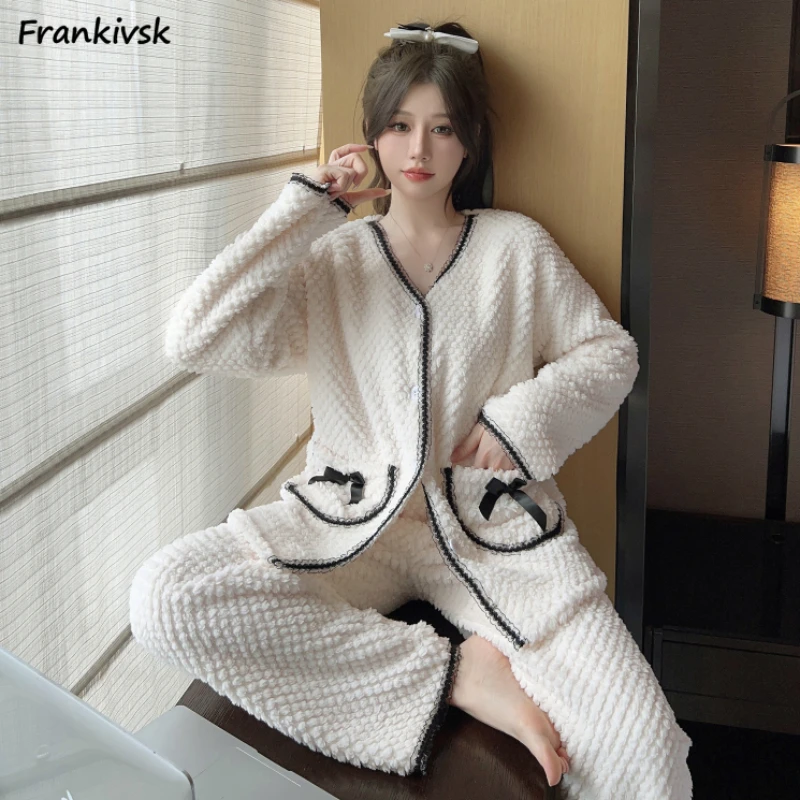 

Пижамный комплект вафельный женский из 2 предметов, свободная универсальная простая домашняя одежда для сна с V-образным вырезом, длинным рукавом и бантом, популярные трендовые