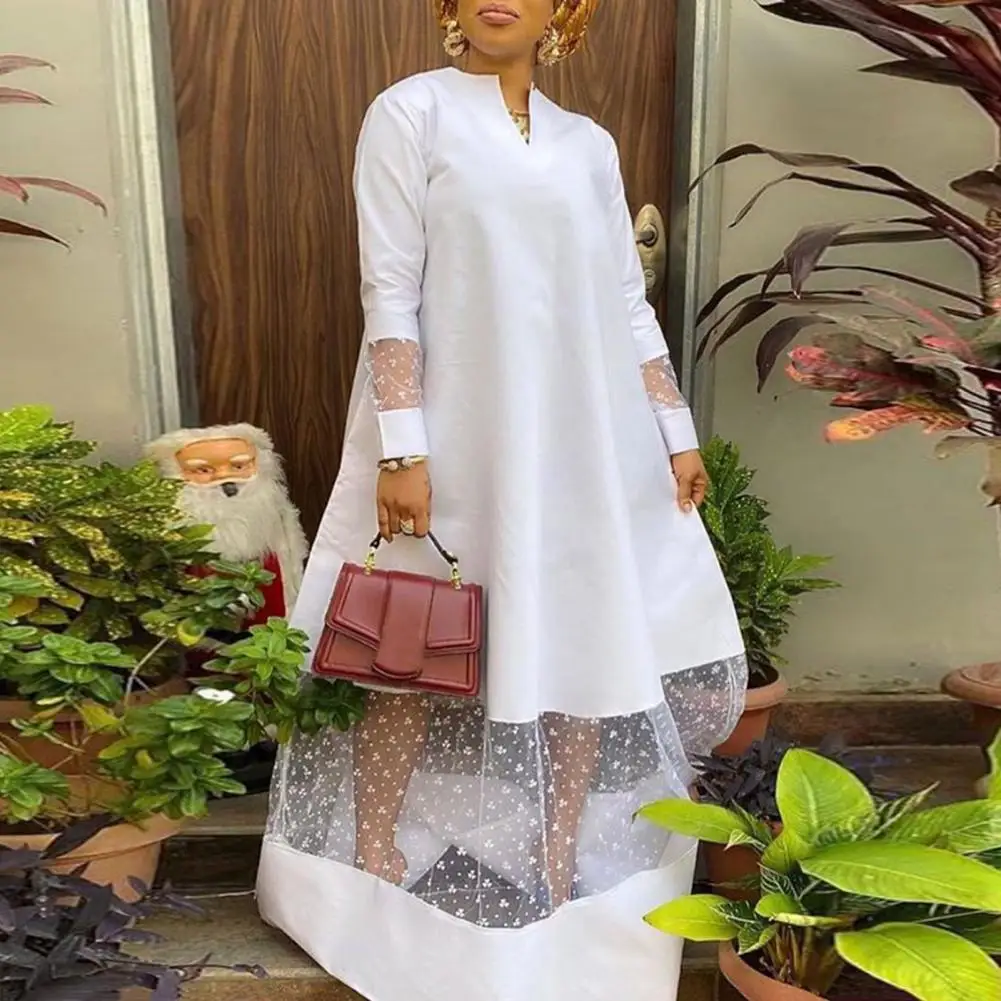 Women Dress See-through Mesh Patchwork Flower Embroidery Solid Color Loose V Neck Long Sleeve Full Length Lady Spring Maxi Dress
Women Dress See-through Mesh Patchwork Flower Embroidery Solid Color Loose V Neck Long Sleeve Full Length Lady Spring Maxi Dress