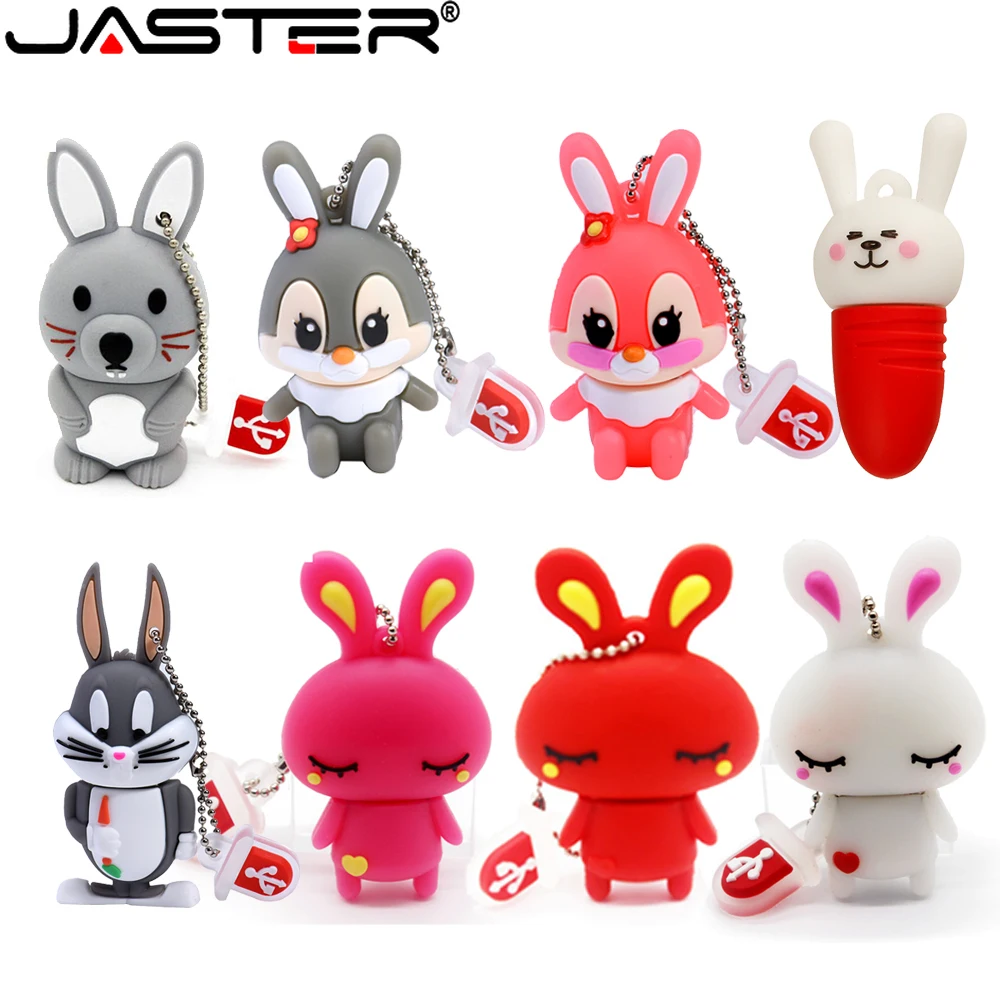 

JASTER Cute Rabbit USB Flash Drives 128GB Cartoon Pen Drive 64GB Creative Gifts for Kids Memory Stick 32GB Free Key Chain U Disk