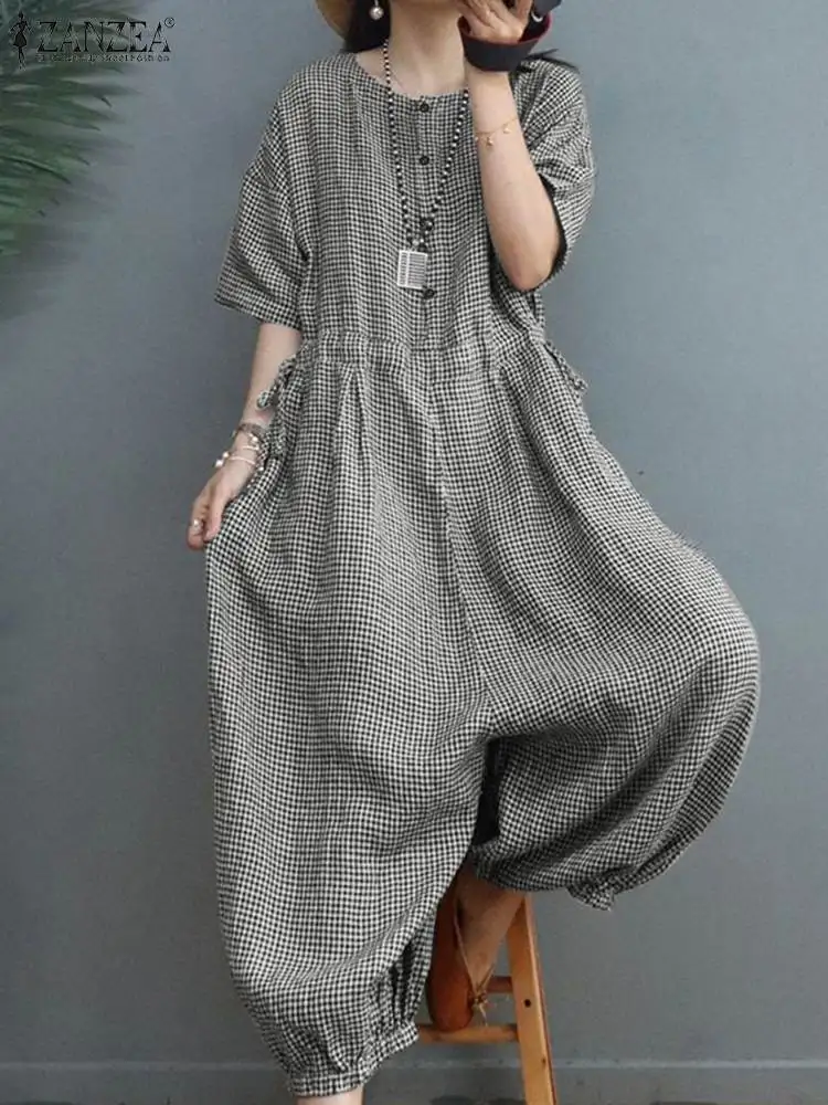 

ZANZEA Summer Vintage Plaid Checked Rompers Women Fashion Half Sleeve Loose Wide Leg Jumpsuits Casual Holiday Playsuits Overalls