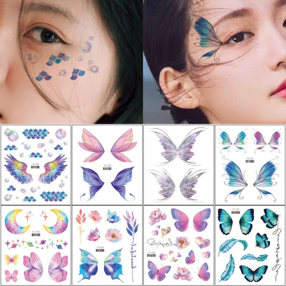 

Красочные блестящие бабочки, тени для век, наклейки, одноразовые временные татуировки, водная переводка, художественные наклейки для лица, наклейки для детей и взрослых