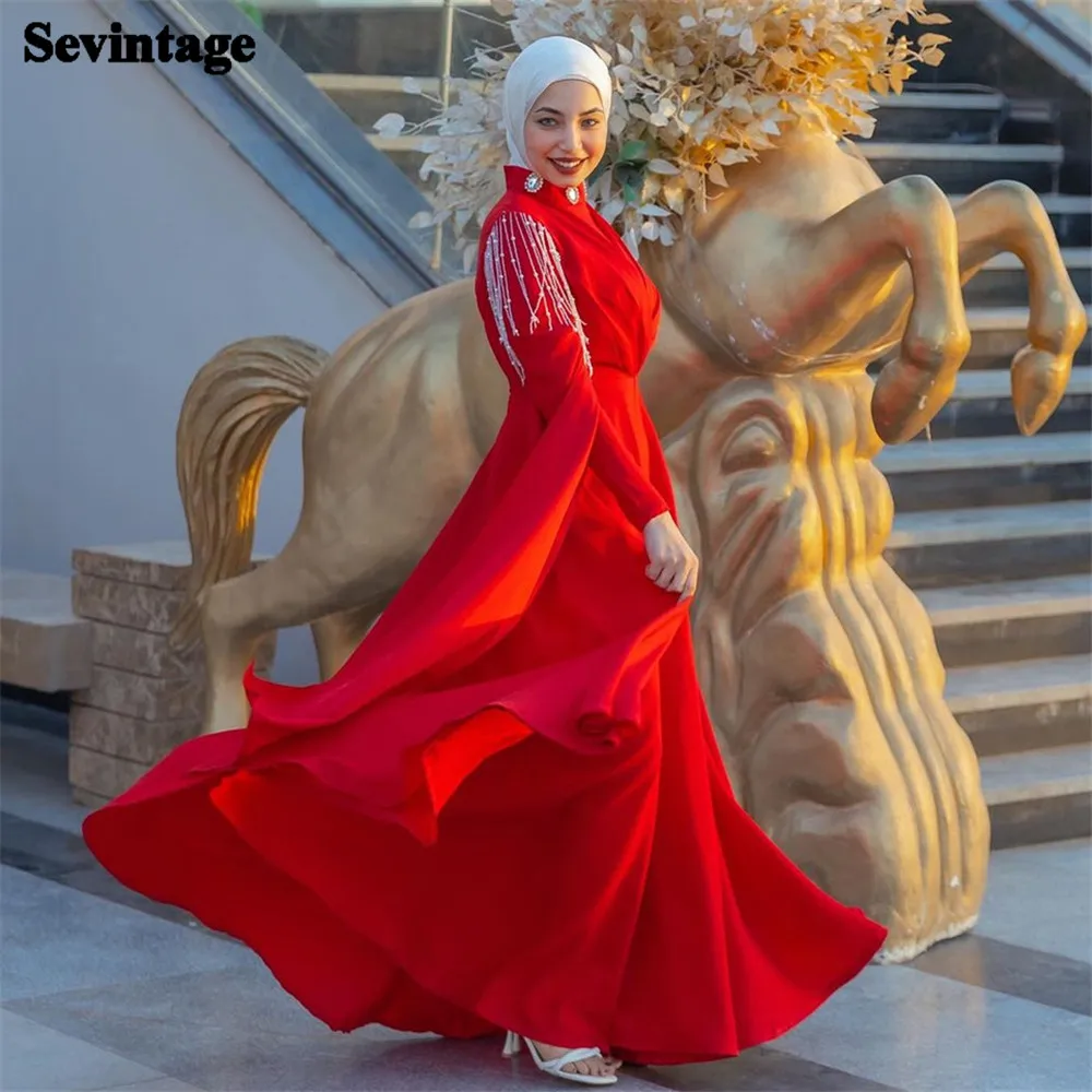 

Sevintage Elegant Red A-Line Prom Dresses High Neck Long Cape Sleeves Tassels Floor Length Evening Dress vestido de gala 2024