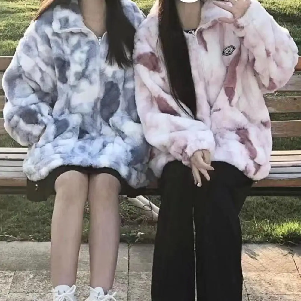 

Women Winter Coat Faux Fur Fleece Tie Dye Thickening Long Sleeves Cold-proof Soft Stand Collar Outdoor Coat For Daily Wear