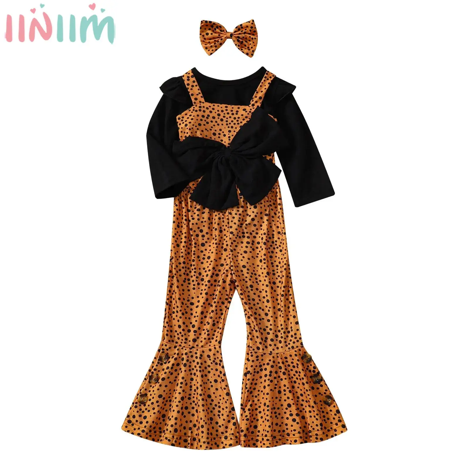 

Toddler Girls Spring Autumn Casual Outfit Long Sleeve Bowknot Tops with Flared Suspender Pants Headband School Daily Party Wear