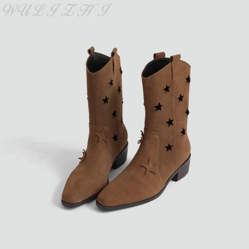 New Hollow Stars Mid Calf Boots Women's Brown Vintage Thick Heel Slip On Short Boots Handmade Western Riding Boots 2023 Autumn
New Hollow Stars Mid Calf Boots Women's Brown Vintage Thick Heel Slip On Short Boots Handmade Western Riding Boots 2023 Autumn