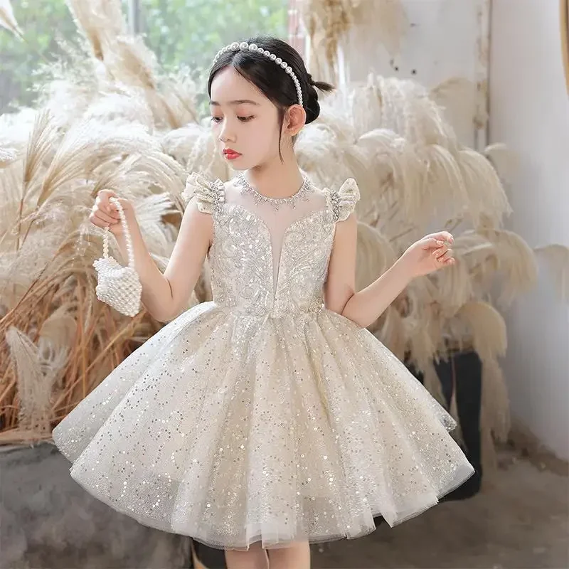 

2023 Children Pageant Gown Champagne Kids Dresses for 2-12T Girls Dress for Party Wedding Sequins Baby Girl Princess Tutu Dress