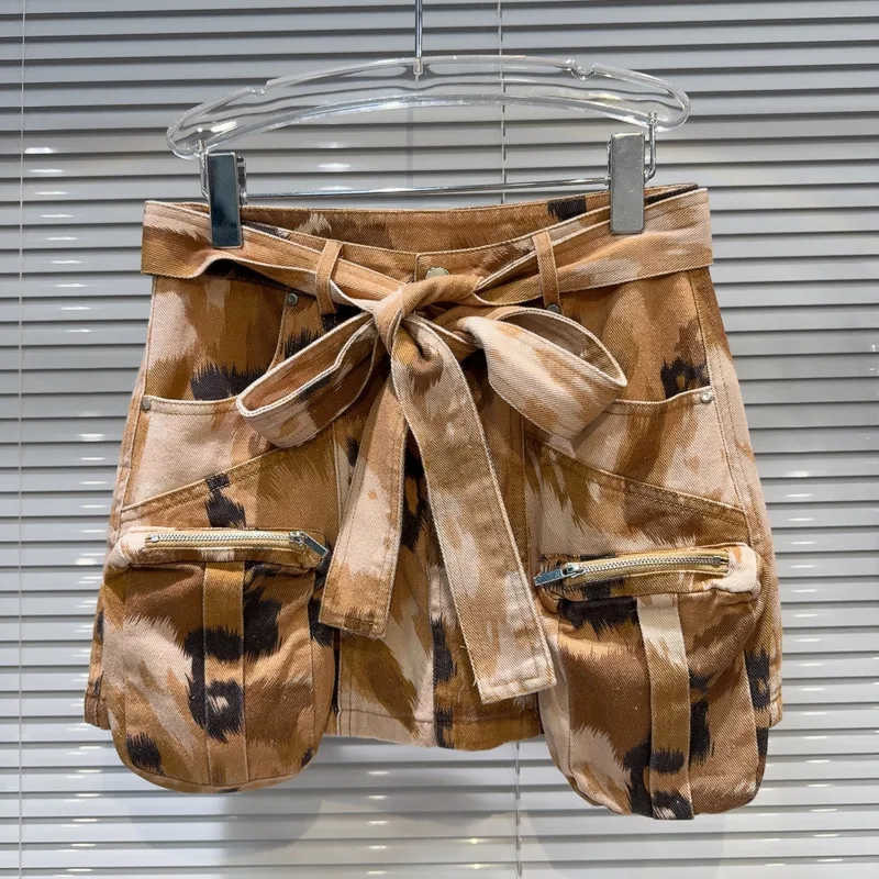 

BORVEMAYS Denim Skirts Women Camouflage Contrasting Colors High Waist Zipper Pockets Drawstring Summer Street New WZ8643