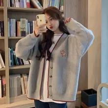 Korean Spring and Autumn New Sweater Loose and Versatile V-neck Embroidery Knitted Cardigan Female Student Sweater Coat Trend Korean Spring and Autumn New Sweater Loose and Versatile V-neck Embroidery Knitted Cardigan Female Student Sweater Coat Trend