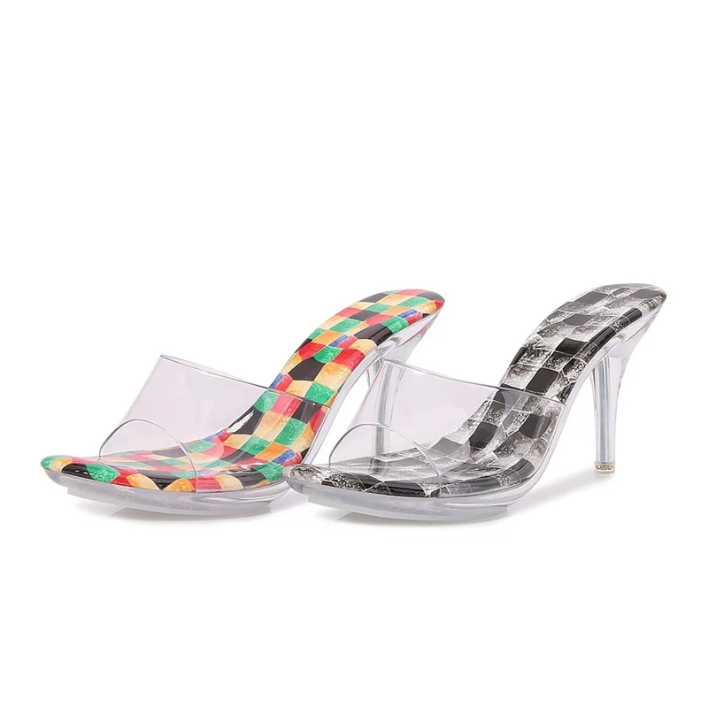 

Summer Lady 8cm PVC High Heels 2cm Rhinestone Platform Pumps Colorful Print Plaid Jelly Slippers Oversized Party Sexy Club Shoes