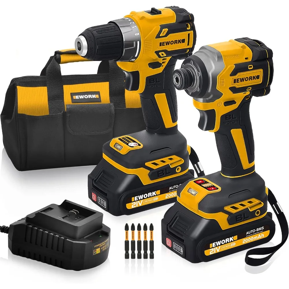 

EWORK Compact Cordless Drill and Impact Driver Combo Kit 21V Brushless Power Tool Set with (2) 2.0Ah Batteries and Fast Charger