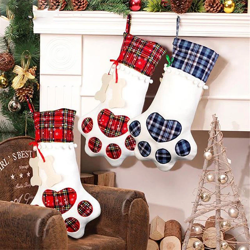 

Новогодние и рождественские носки, 1 шт., клетчатые чулки в виде кошачьей лапы, украшение для рождественской елки для дома, рождественские подарочные сумки, украшение