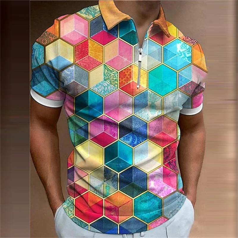 

Новая стильная Летняя мужская рубашка-поло с 3D принтом, Повседневная Уличная одежда высокого качества с короткими рукавами и отложным воротником на молнии