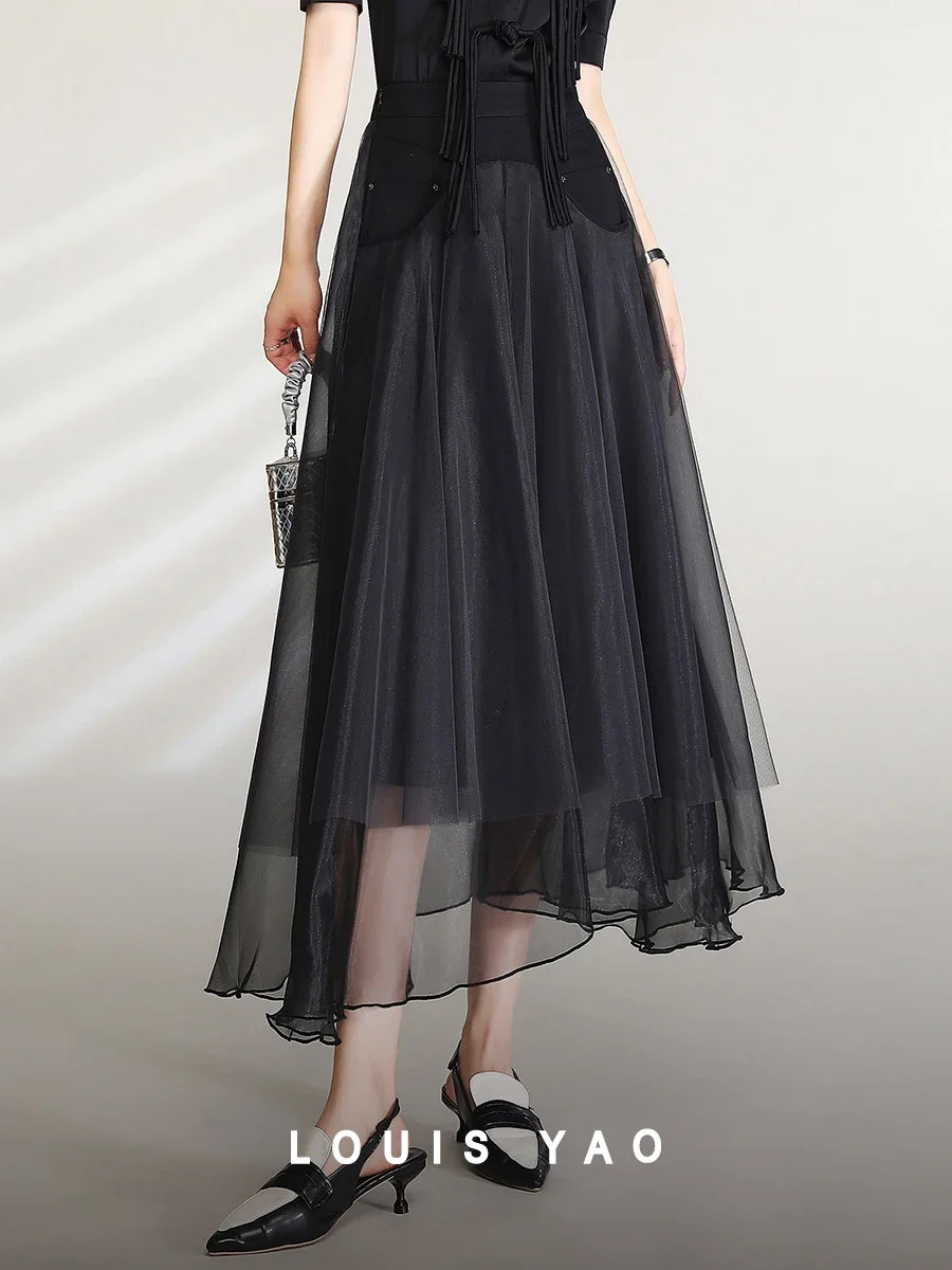 Женская юбка LOUIS YAO, новинка весны 2024, сетчатая длинная юбка, Элегантная модная повседневная шикарная женская черная юбка А-силуэта