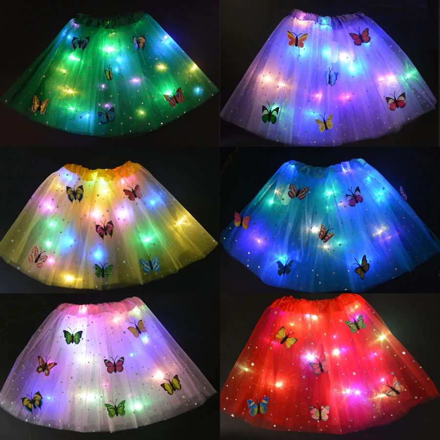 

Glowing Girl Kids Skirt Light Up Glow Star Butterfly Tutu Neon Luminous LED Party Ballet Dance Dress Cosplay Halloween navidad