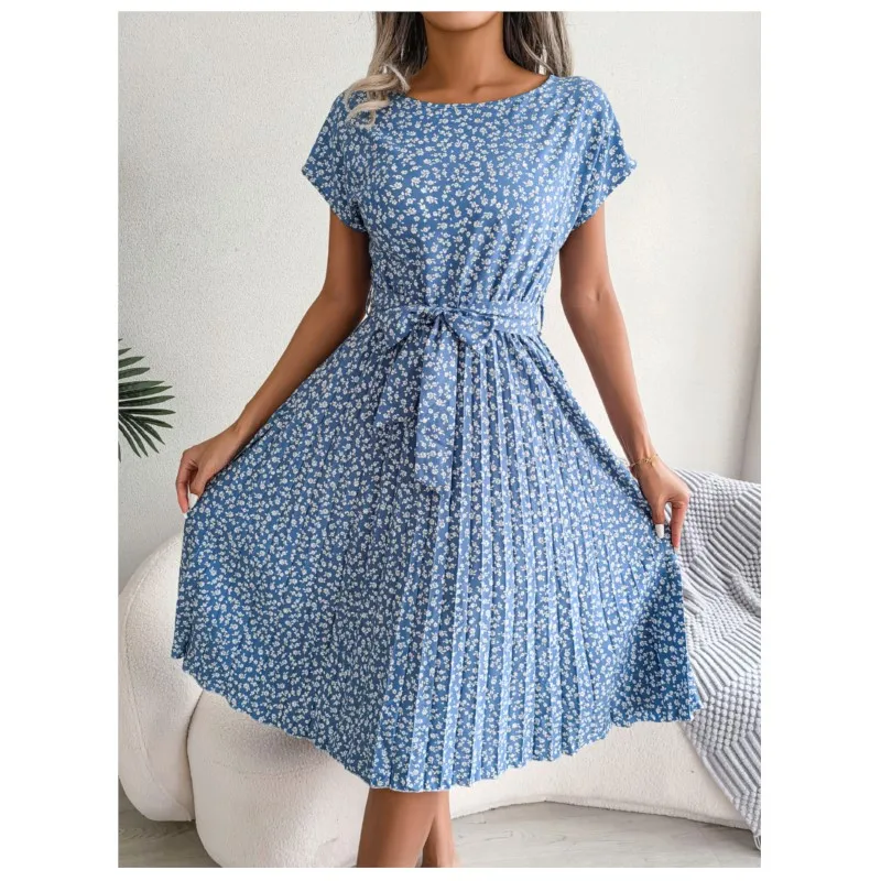 2023 Spring/Summer New Casual Round Neck Short Sleeved Lace Up Fragmented Flower Large Fold Skirt For Women Robe Femme Été
2023 Spring/Summer New Casual Round Neck Short Sleeved Lace Up Fragmented Flower Large Fold Skirt For Women Robe Femme Été