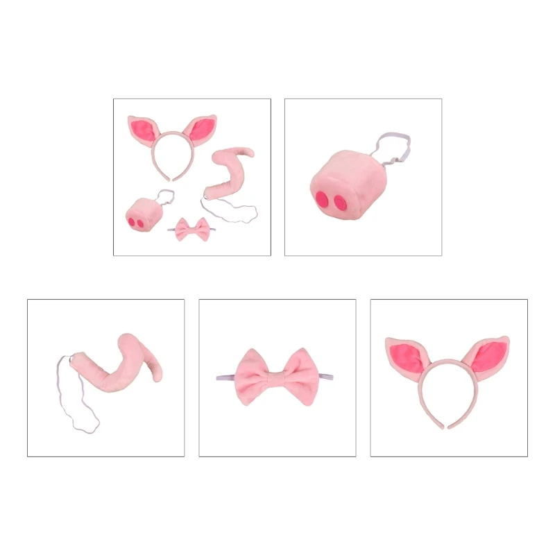 

Pig Costume Set Pig Ears Headband Tail Bowtie Nose for Kids Animal Cosplay Props