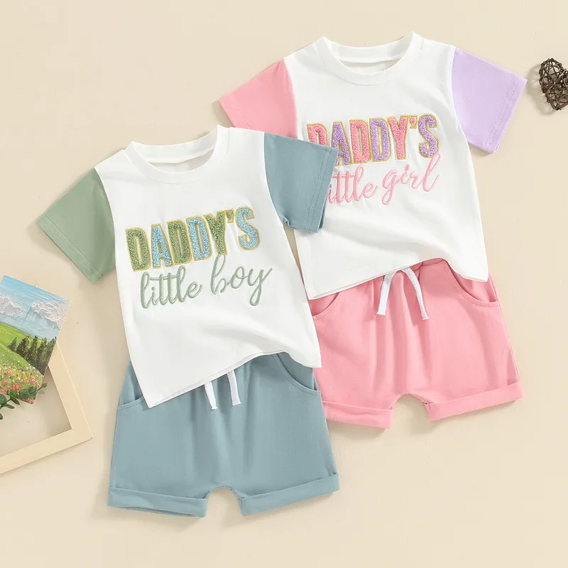 

Toddler Boys Girls Summer Outfits Fuzzy Letter Embroidered Contrast Color Short Sleeve T-Shirts Tops and Shorts 2Pcs Clothes Set