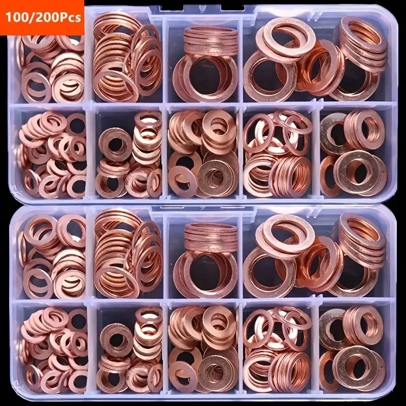 

200/100PCS Copper Washer Gasket Nut And Bolt Set Flat Ring Seal Assortment Kit With Box //M8/M10/M12/M14 For Sump Plugs Washers