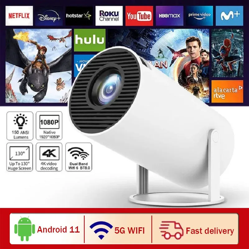 

HY300 Mini Projector 1080P 720P Android 11.0 4K 5G WiFi 6 200 ANSI Allwinner H713 BT5.0 LED Smart Home Cinema Outdoor Projector