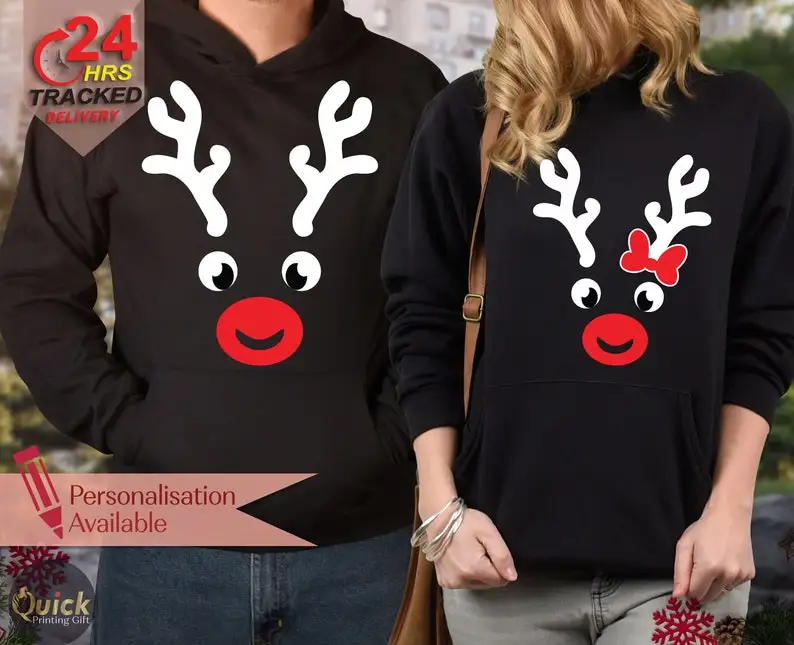 

Reindeer Christmas Couple Hoodie, Christmas Hoodies for Men Women, Matching Family Christmas Outfits, Christmas Hoodie