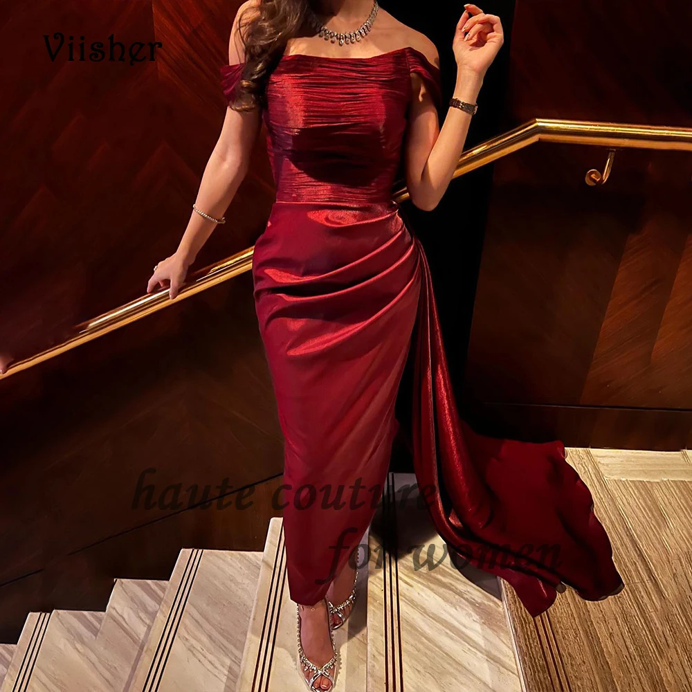 

Burgundy Mermaid Evening Dresses Off Shoulder Pleats Strapless Formal Prom Dress with Train Long Arabian Dubai Evening Gowns