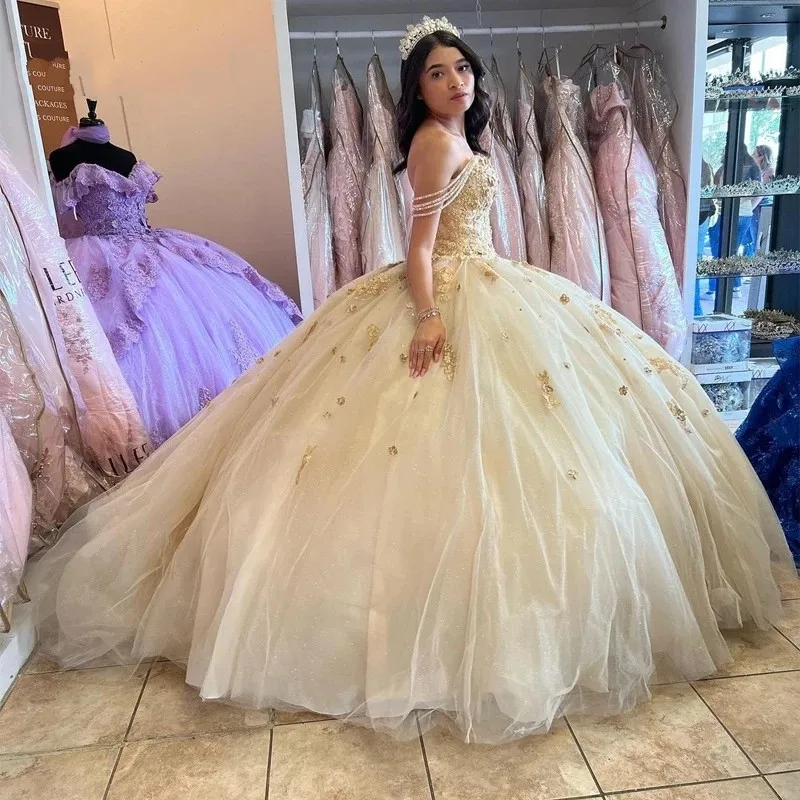 

ANGELSBRIDEP Ball Gown Sweetheart Champagne Quinceanera Dresses 15 Party Beads Appliques Prom Graduation Princess Sweet 16 Dress