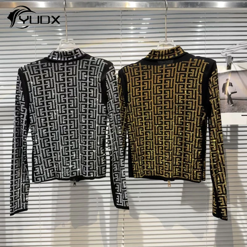 

YUDX Blingbling Hot Drilling Women Tshirts 2024 New Spring Fashion Shiny Stretch Basic Shirt Stand Collar Long Sleeve Slim Top