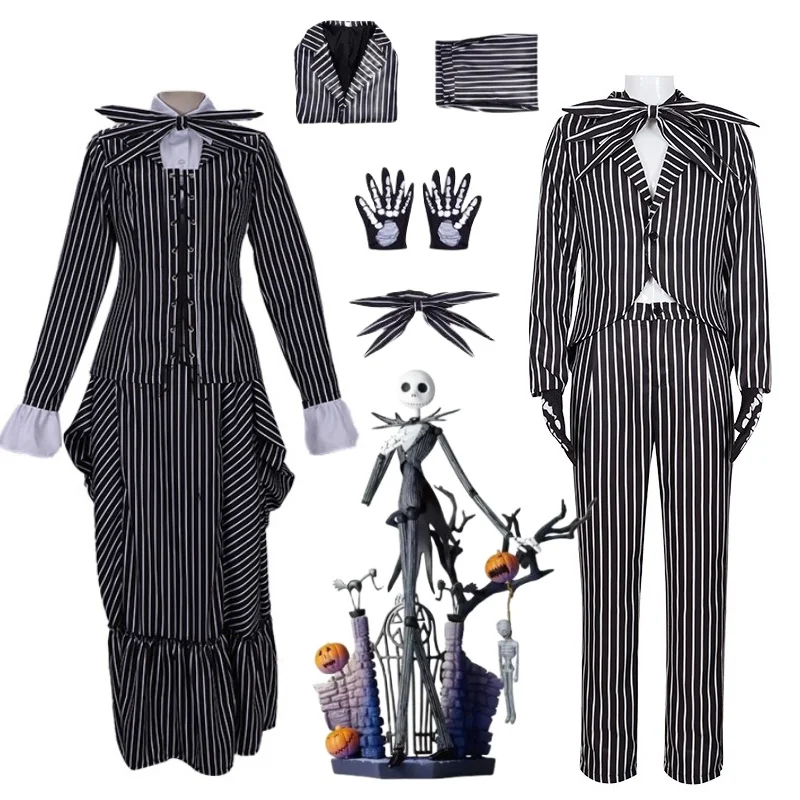 

Jack Skelington Cosplay Costume Movie The Nightmare Cosplay Before Christmas Striped Top Pant Outfit Halloween Party Uniform