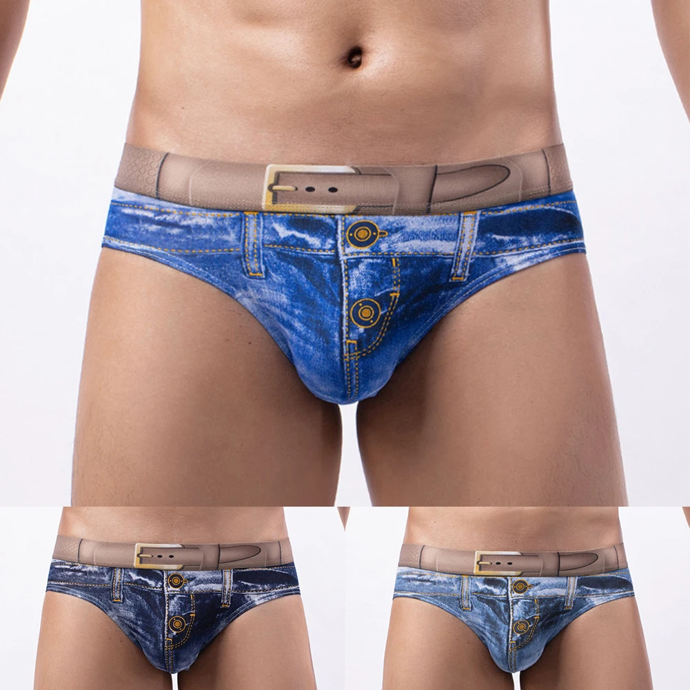 

Men's Sexy Elasticity Slips Underwear Bikinis 3D Print Jeans Shorts Sleepwear Trunks Briefs U Convex Underwear Thongs Slip Homme