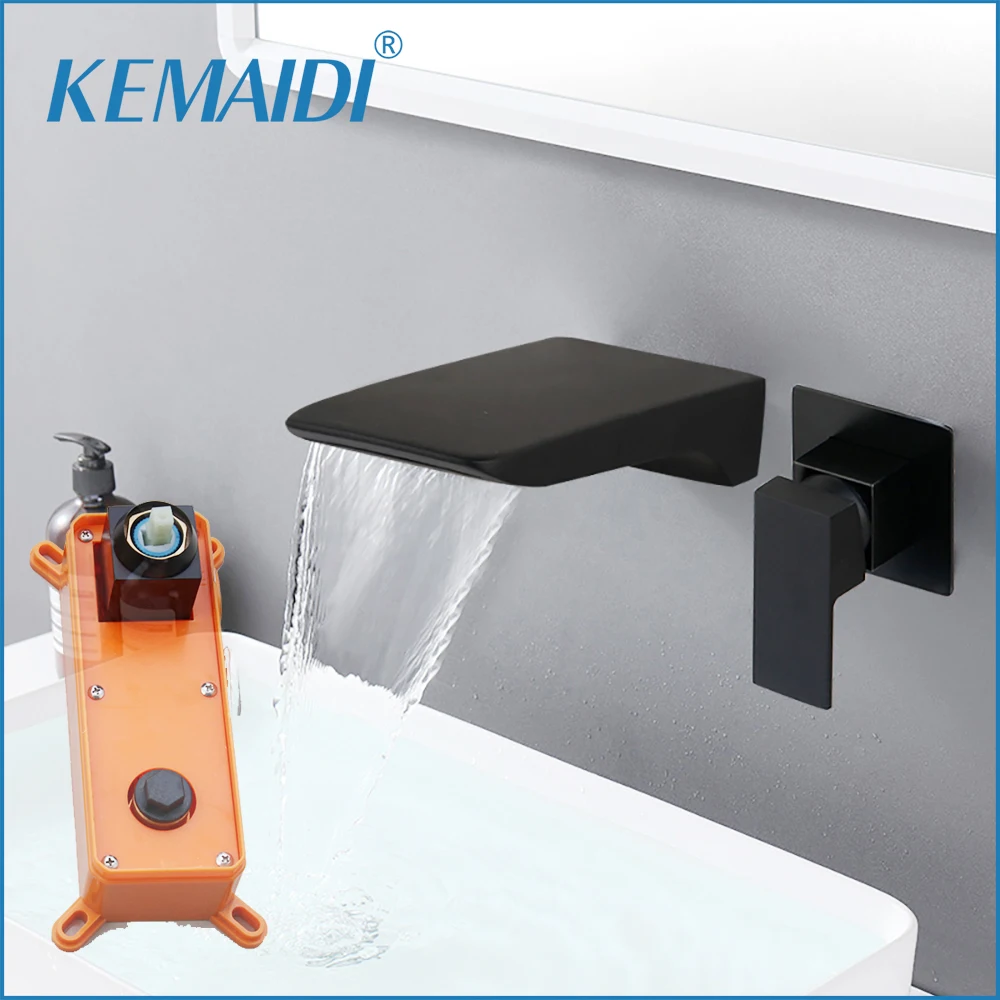 

KEMAIDI Matte Black Bathroom Basin Sink Faucet Tap Bathtub Faucets Soild Brass Wall Mounted Waterfall Mixer Tap For bathroom