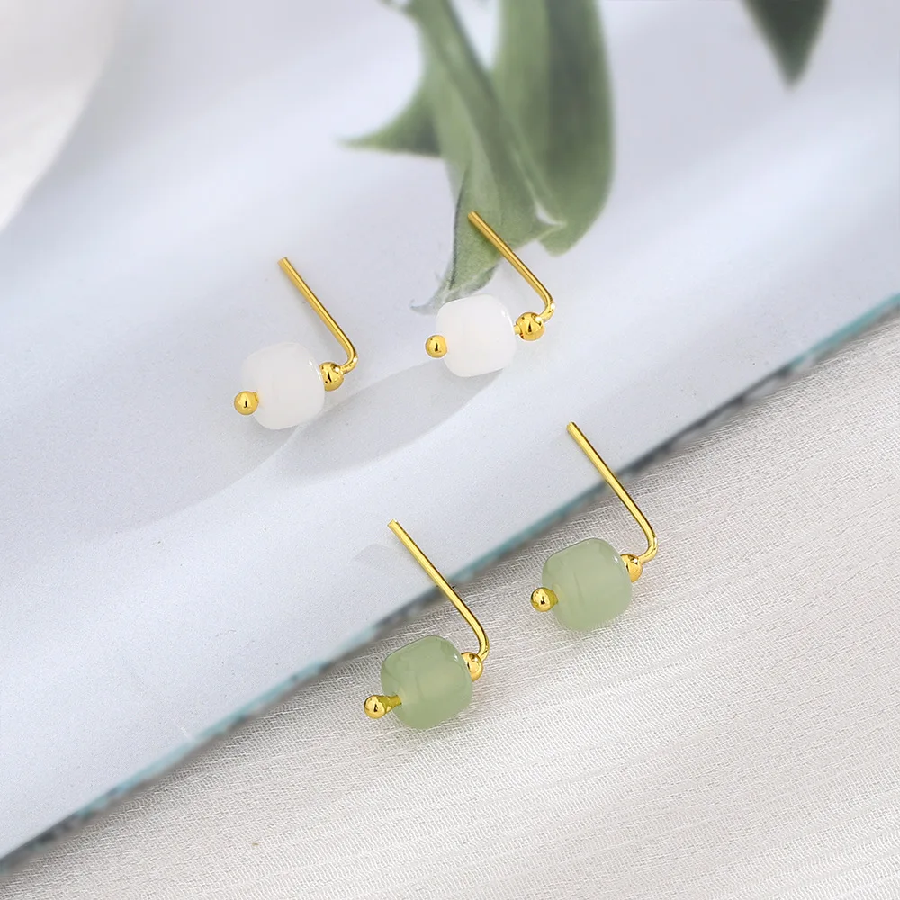 

New Trendy Silver Gold Color Drop Earrings White Green Hetian Jade Bead For Women Girl Gift Fashion Jewelry Dropship Wholesale