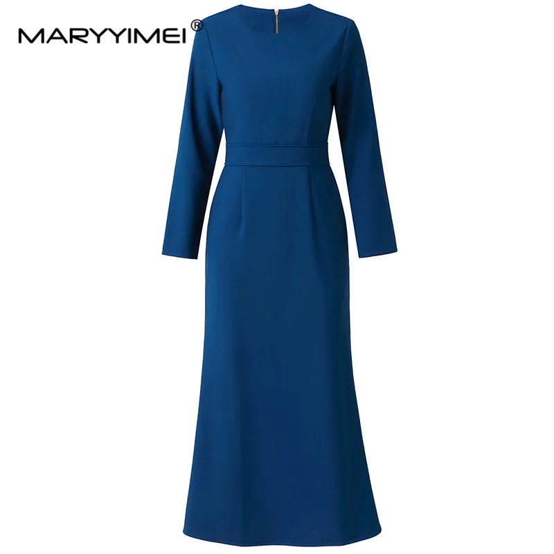 

MARYYIMEI New Fashion Runway Designer Women's Round Neck Long Sleeves Minimalism Temperament Commuter Style Closed Waist Dress