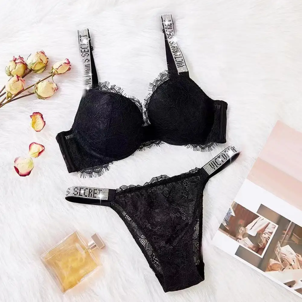 

Lace Underwear Set Rhinestone Letter Lace Women's Underwear Set With Adjustable Straps Push Up Cups 2 Piece Intimate For Women