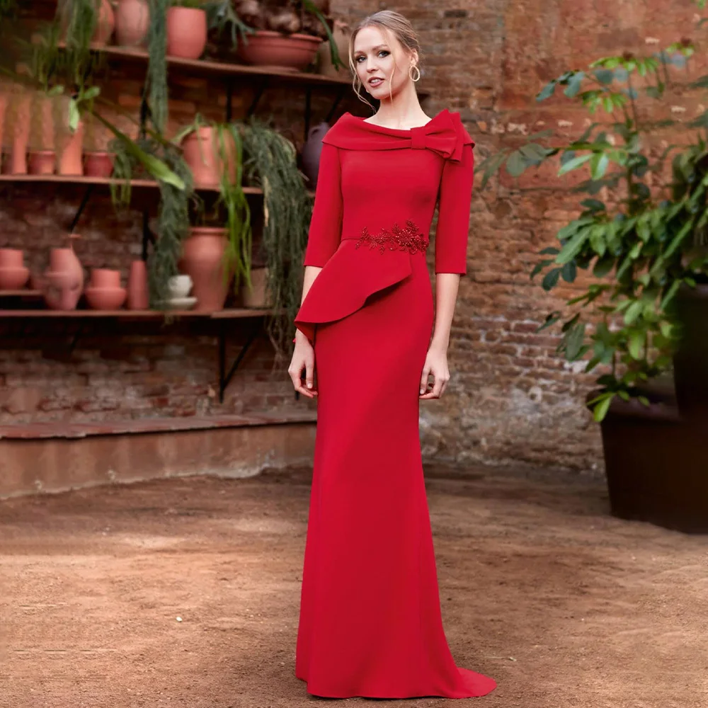 

Mermaid Mother of the Bride Dress Red Boat Neck Applique Wedding Guest Gowns for Women 3/4 Sleeves Ruffle Trumpet Foraml Dresses