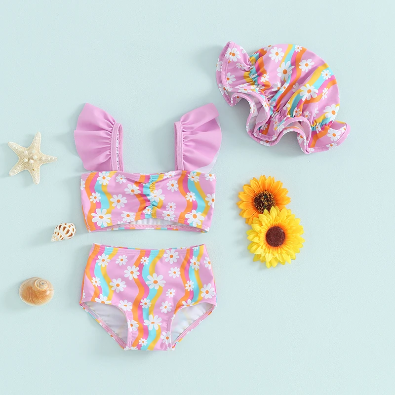 

Baby Girl Floral Swimsuit Toddler Striped Bikini Set Ruffle Tankini Top Swim Shorts Infant Bathing Suit with Sun Hat