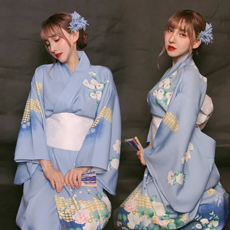 

Women Japanese Style Traditional Kimono Elegant Wedding Evening Dress Fashion Blue Yukata Gown Robe Bathrobes Vintage Vestidos