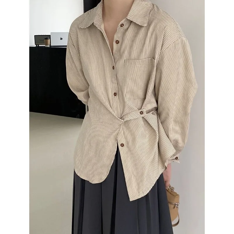 

Винтажная полосатая рубашка QWEEK с длинным рукавом, женские блузки оверсайз на пуговицах, модные весенние повседневные блузки в японском стиле Харадзюку 2024