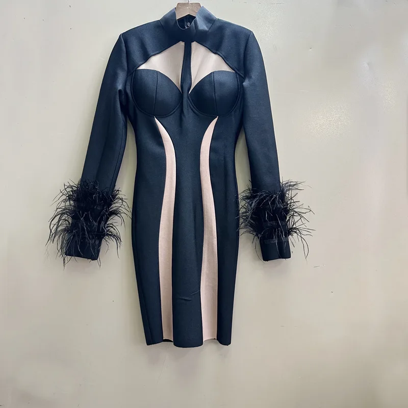 Thirteen Rows European and American Style New Ostrich Hair Stitching Contrast Color Bandage Elastic Slim Long Sleeve Dress A2#52
Thirteen Rows European and American Style New Ostrich Hair Stitching Contrast Color Bandage Elastic Slim Long Sleeve Dress A2#52