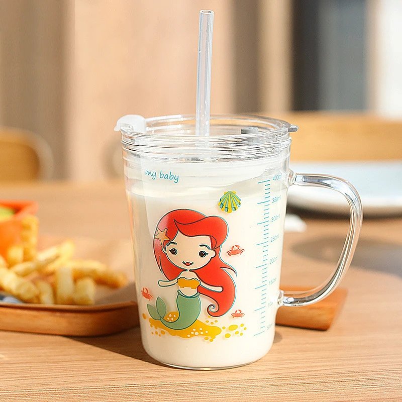 

Coffee Cup Children's Milk Cup Glass Home Cartoon Drinking Cup Breakfast Cup Straw Cup 450ml Mugs Child Sippy Cup Drinkware