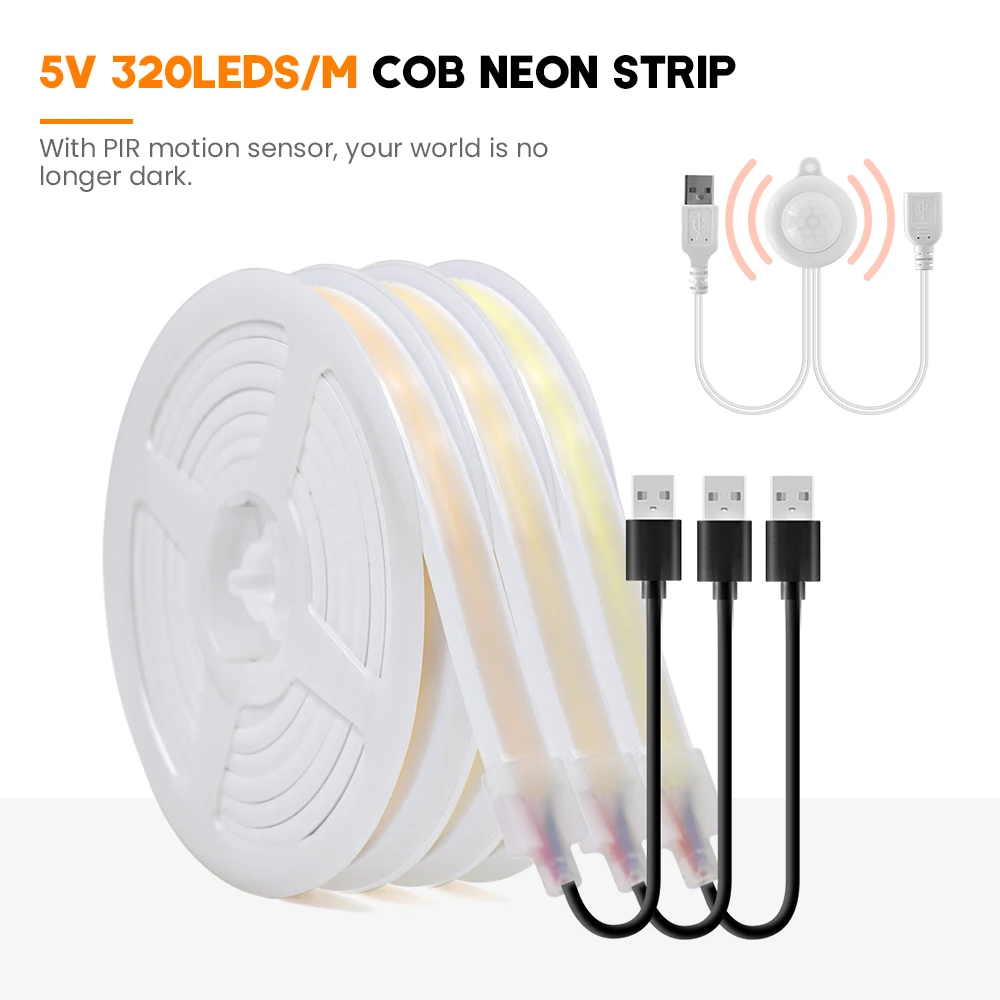 USB 5V COB LED Strip PIR Motion Sensor FOB Neon Light 320LEDs/m Soft Waterproof Ribbon Infrared Sensor LED Tape Linear Lighting
USB 5V COB LED Strip PIR Motion Sensor FOB Neon Light 320LEDs/m Soft Waterproof Ribbon Infrared Sensor LED Tape Linear Lighting
