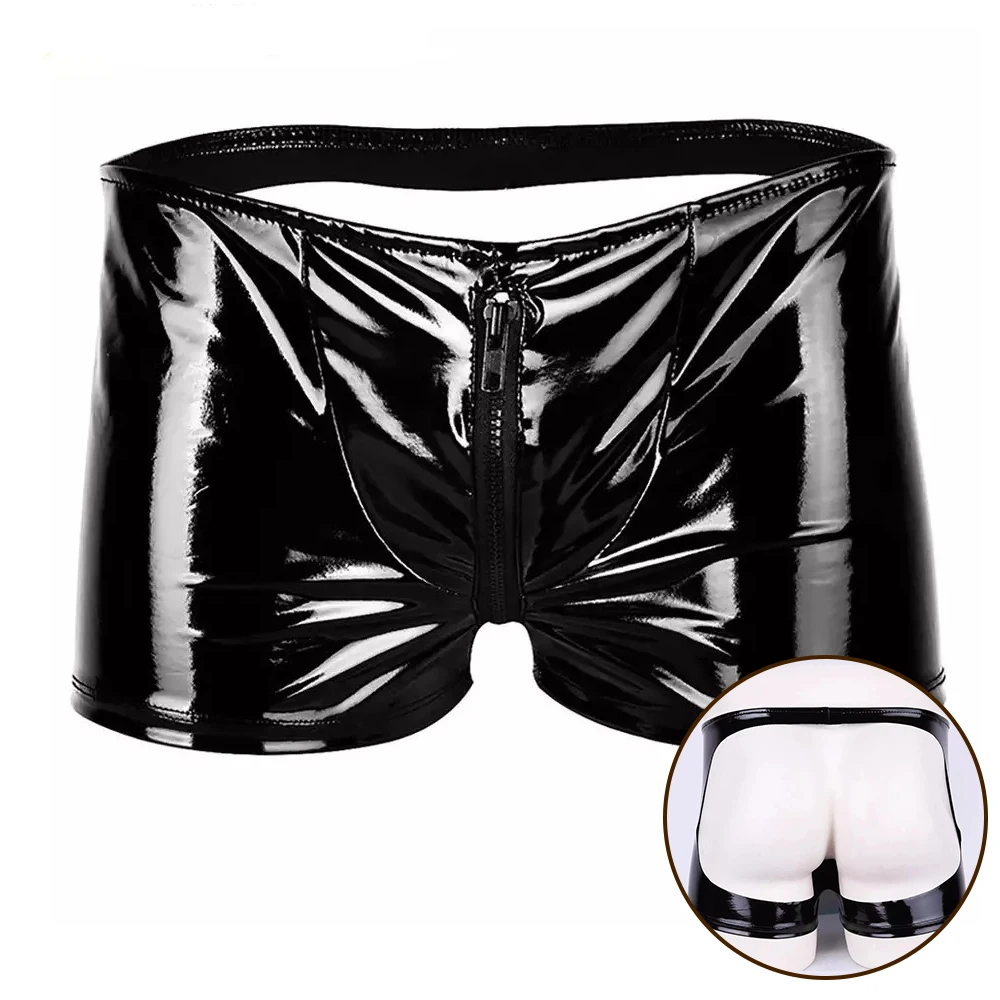 

Men Erotic Wetlook Open Butt Underwear Boxers Faux Leather Zipper Panties Boxer Underpants Shiny Patent Leather Fetish Underwear